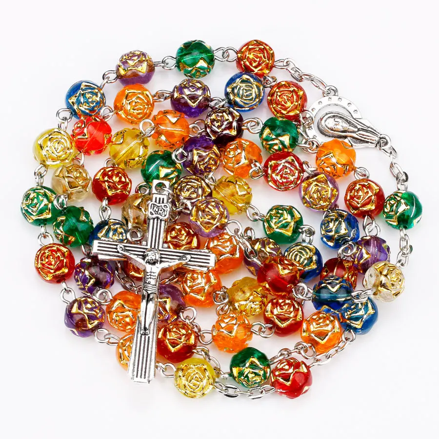 Men\'s Prayer Catholic Rosary Necklace Long Beaded Chain Cross Pendant Necklaces for Women Religious Jewelry Rosarios Church Gift