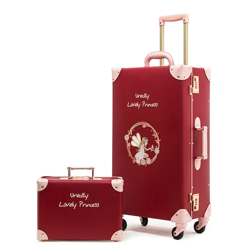 New luxury handmade travel luggage with cosmetic bag fashion green rolling luggage girls makeup bag women trolley suitcase