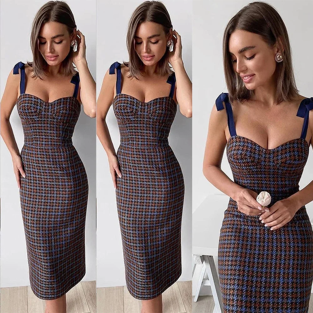 

Graceful Plaid Dress Spagetti Strap Above Knee Graceful Party Dress Stunning Nightgowns Robes