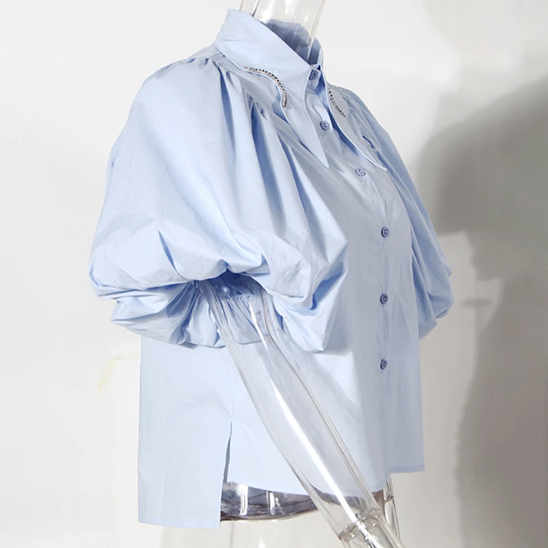 VGH Casual Blue Diamonds Shirts For Women Lapel Puff Short Sleeve Straight Korean Blouses Female New 2025 Summer Fashion Clothes