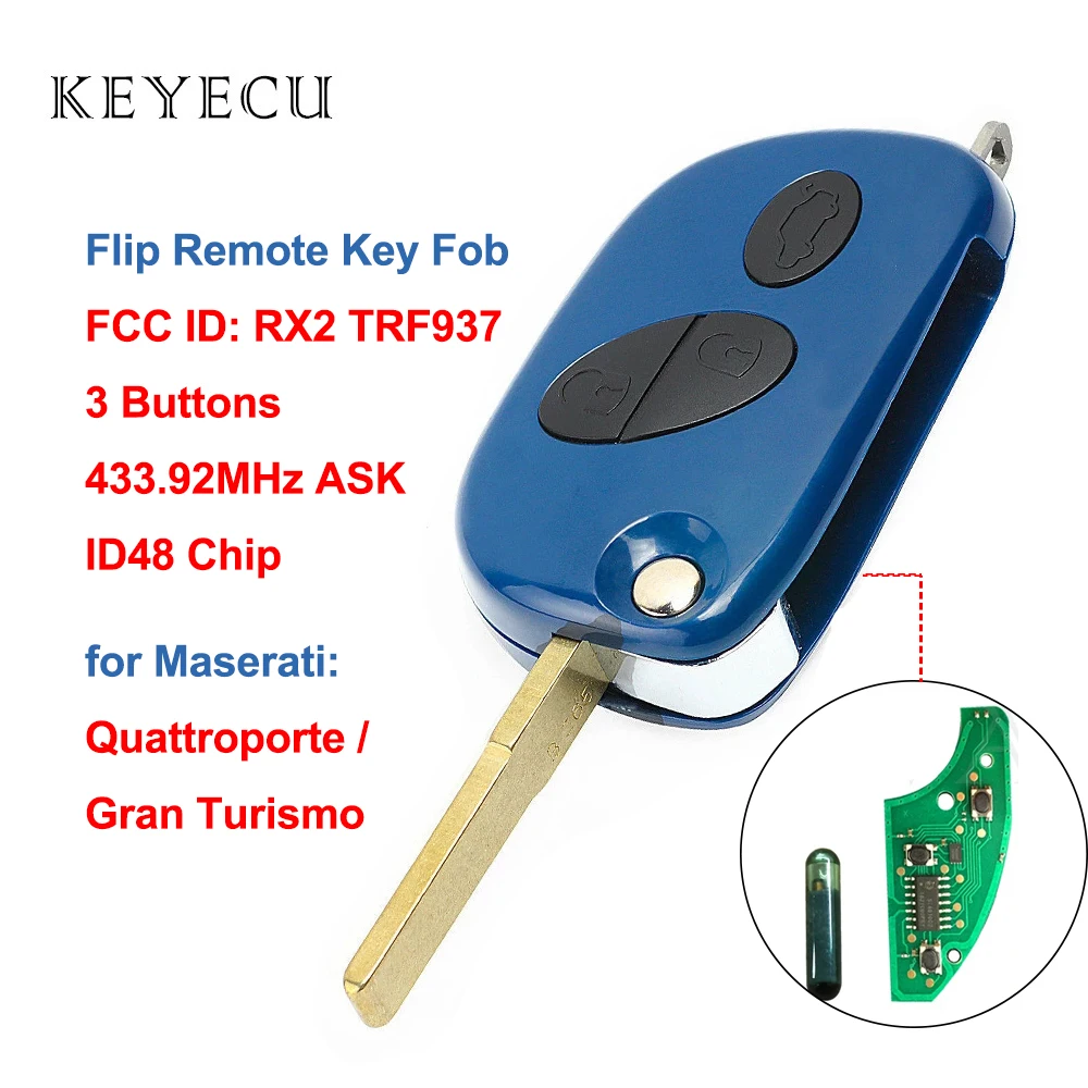 Keyecu Flip Remote Car Key 433.92MHz ASK ID48 for Maserati Quattroporte Gran Turismo 2005 2006 2007 2008 2009 2010 RX2TRF937