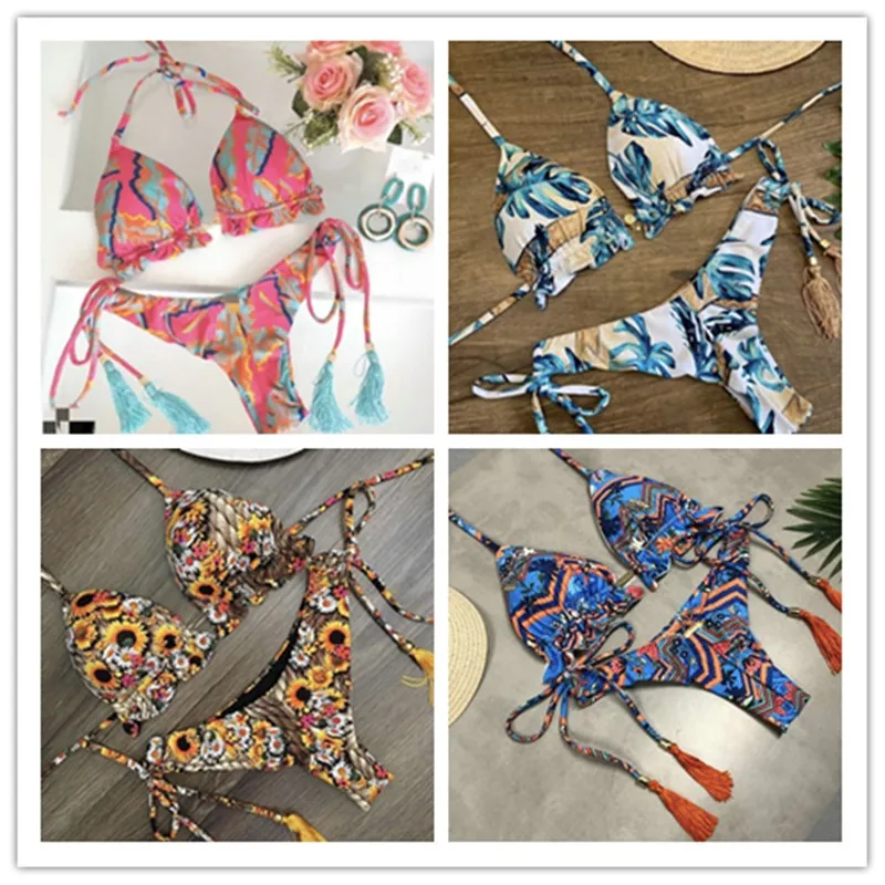 String Bikini Leave Print Brazilian Swimwear Women Sexy Halter Micro Swimsuit Thong Bikini 2020 Bathing Suit Women Mini Biquini