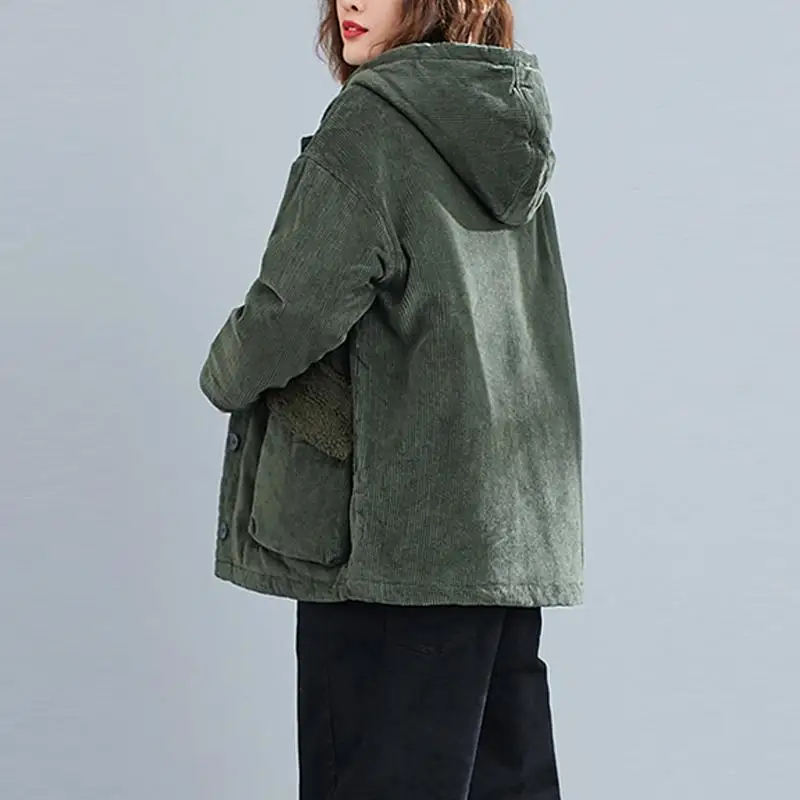 Oversized Corduroy Winter Jacket Coat Women Thicken Warm Woman Hooded Ladies Casual Loose Jackets and Coats