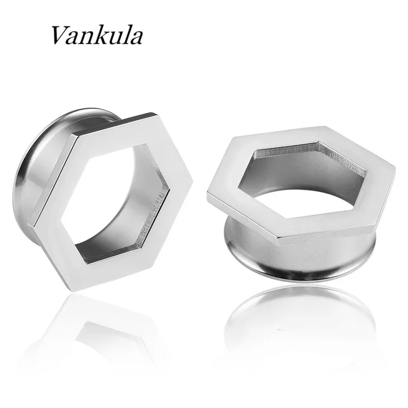 Vankula 2pcs Stainless Steel  New Fashion Ear Plug Tunnels Hexagons Shape Body Jewelry Piercing Ear Gauges Expender For Gifts