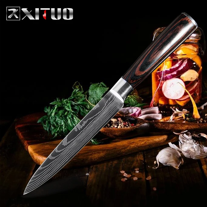 XITUO Fruit Knife 5 Inch Stainless Steel Sliced Peeling Knife Utility laser Damascus Pattern Kitchen Chef Knife Cooking Tool New