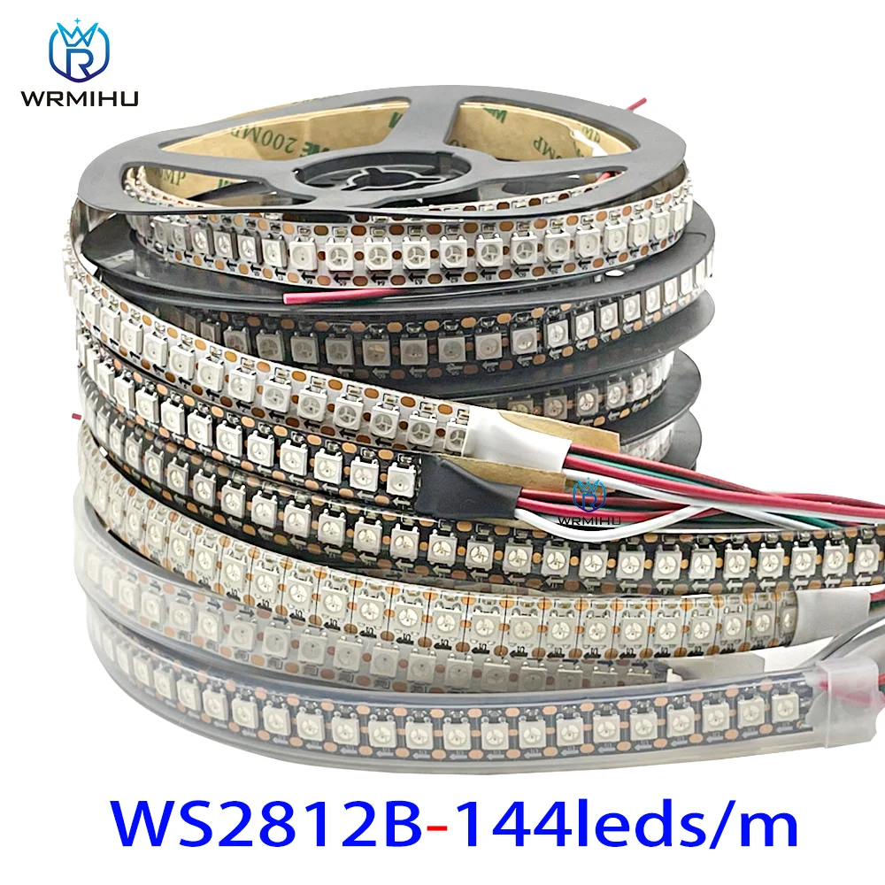 WRMIHU DC5V WS2812B 5m/Rolle 30/60/144leds/m Schwarz/Weiß PCB IP30/IP65/IP67 5050RGB Individuell adressierbares Smart-LED-Pixel-Streifenlicht 6