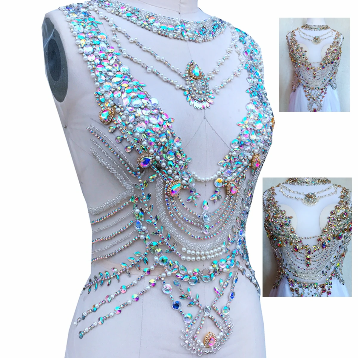 Crystal wedding applique sew on bridal pearl beads dress bodice appliques for dress