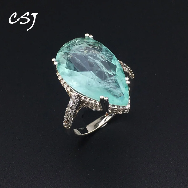 

CSJ Created Paraiba Tourmaline Rings Synthetic Gemstone Pear 12*20mm Fine Jewelry For Women Lady Wedding Party Gift With Box