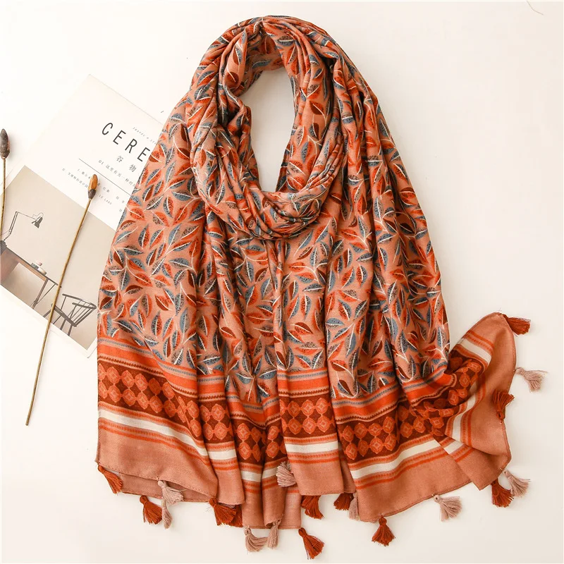 Fashion Winter Scarf For Women Hijabs Retro Green Leaf Floral Viscose Tassel Scarf Luxury Brand Wraps Female Scarves And Shawls