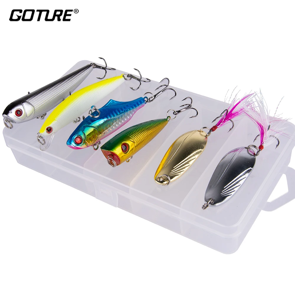 

Goture 6pcs/set Fishing Lure Set Wobblers Popper VIB Minnow Spinner Spoon With Fishing Tackle Box For Fishing Accessories