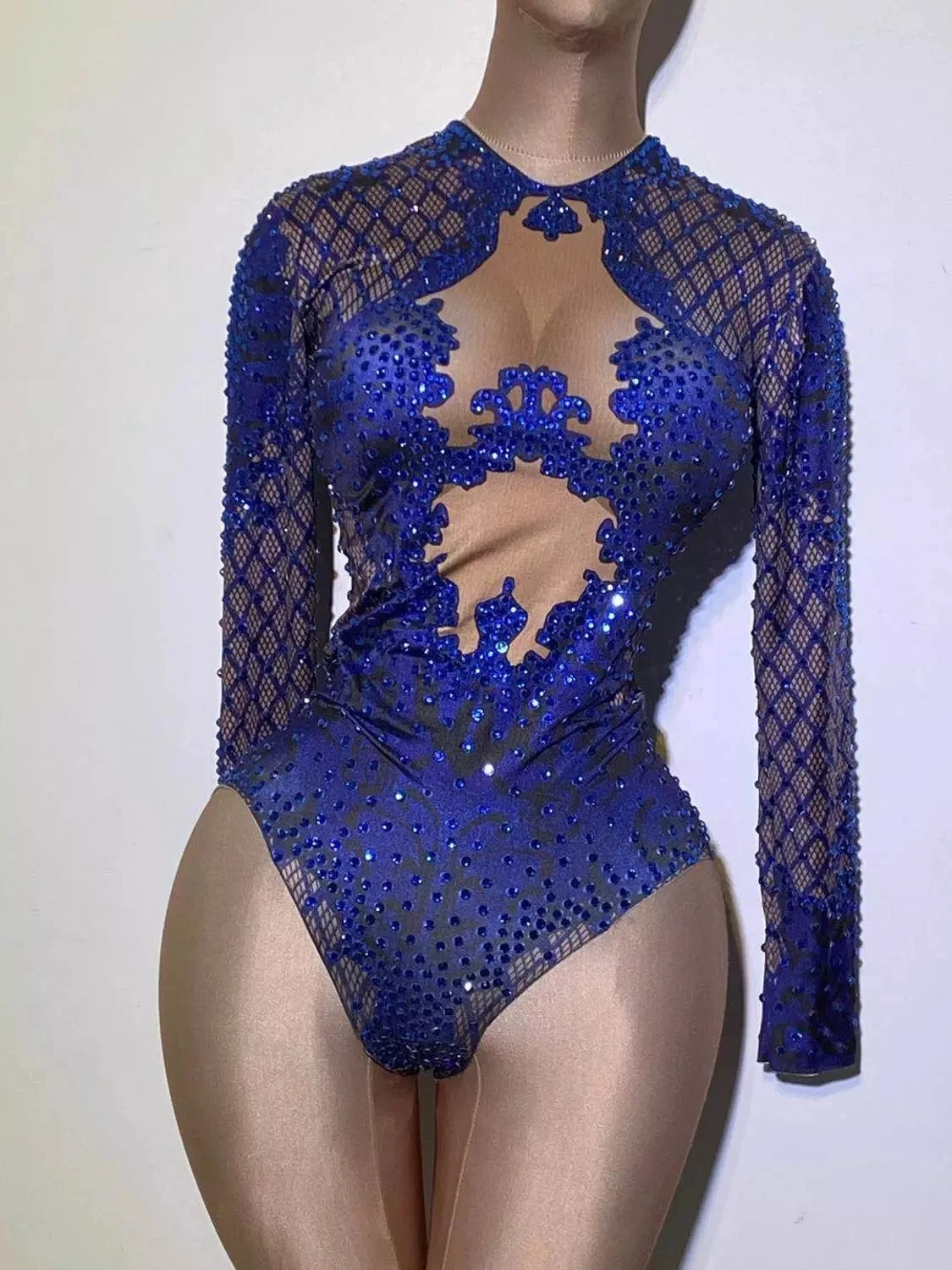 Sexy Blue Print Rhinestone Dancer Bodysuit Women Long Sleeve Crystal Jumpsuit Female Club Showgirl Stage Leotard Costume