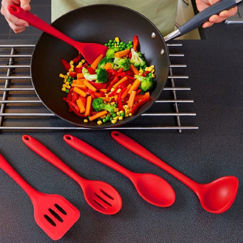 WALFOS 5Pcs Food Grade Non Stick Silicone Cooking Spoon Silicone Spatula Turner Colander Scraper Soup Spoon Kitchen Utensils Set