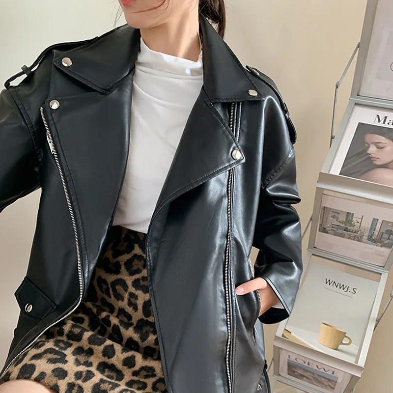 Spring Autumn Faux Leather Jackets Women Vintage Brown Loose Casual Coat Motorcycle Outwear With Belt Long Sleeve Streetwear