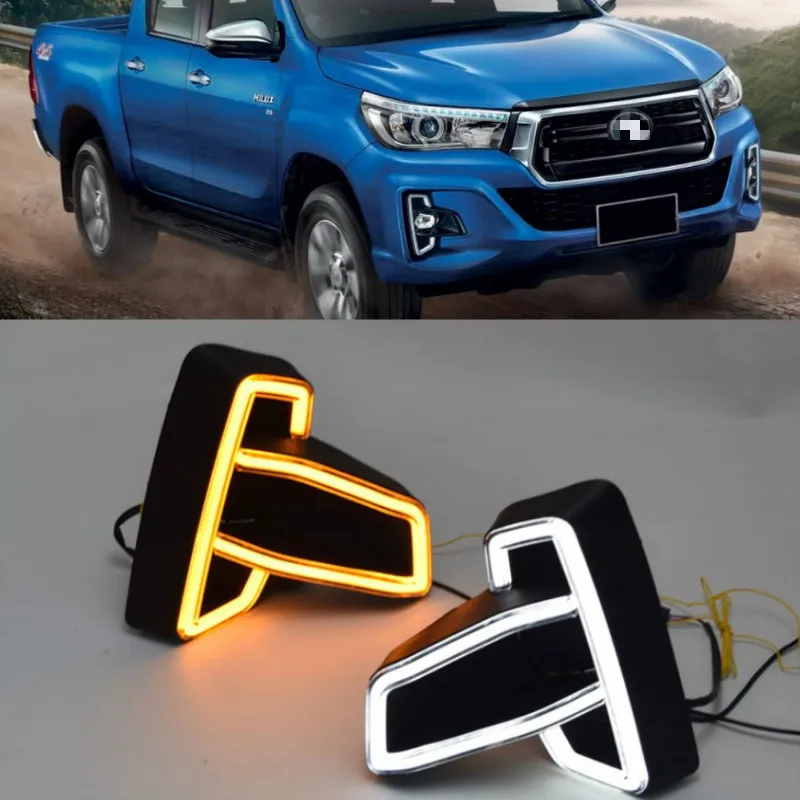 

For Toyota Hilux Revo Rocco 2018 2019 DRL LED Daytime Running Lights Diglight 12V ABS Fog lamp Cover With Turn Yellow Signal