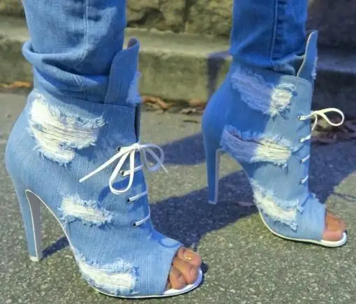 

Blue Frazzle Denim High Tongue Ankle Boots Lace Up Front Peep Toe Stiletto Heel Short Cuts Out Jeans Booties Shoes