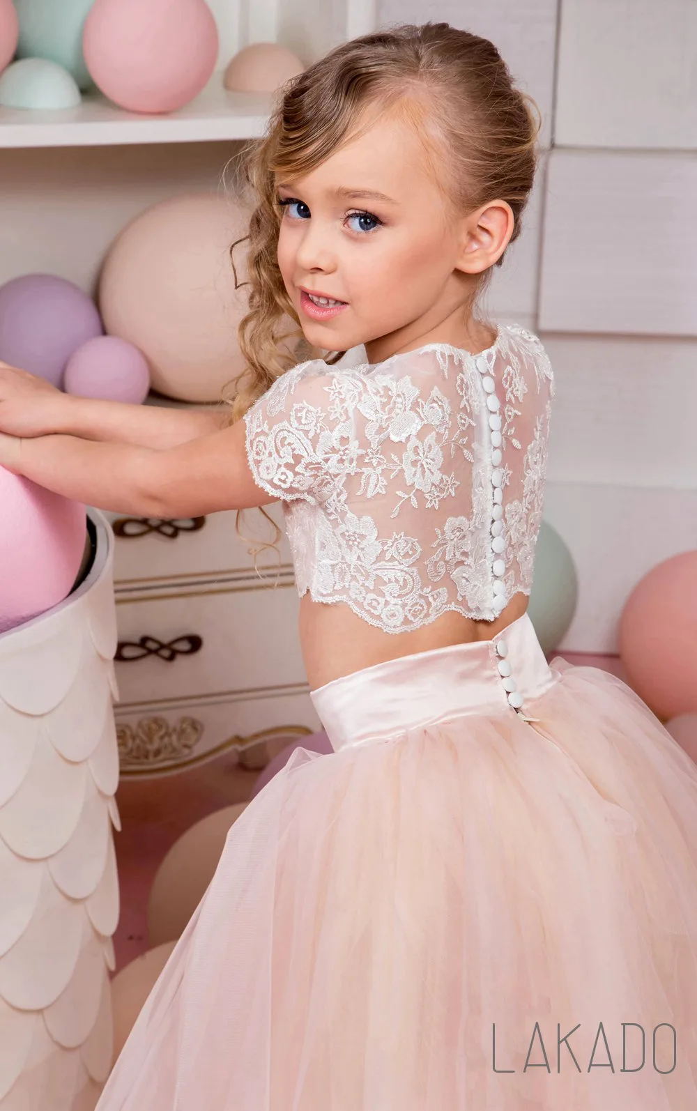 Vestido de desfile rosa de dos piezas para niñas, fiesta de cumpleaños, Año Nuevo con encaje para edad de 2, 3, 4, 5, 6, 7, 8, 9 y 10 años