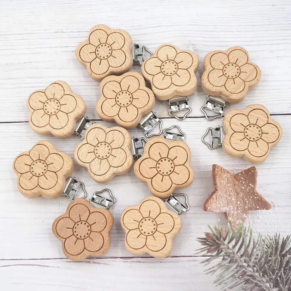 

Chenkai 50PCS Wood flower Clip DIY Organic Eco-friendly Nature Unfinished Baby Pacifier Rattle Grasping Accessories