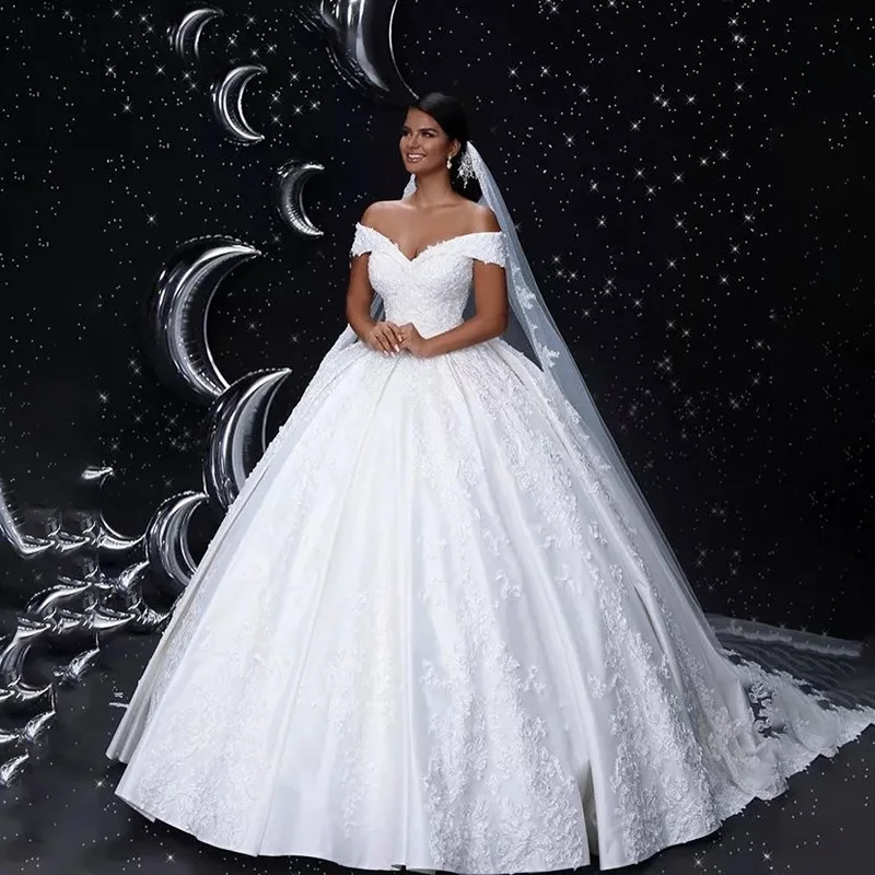 MYYBLE-vestido de novia con cuello en V y hombros descubiertos, traje de novia con encaje en la espalda, apliques de satén con cuentas de cristal, 2021