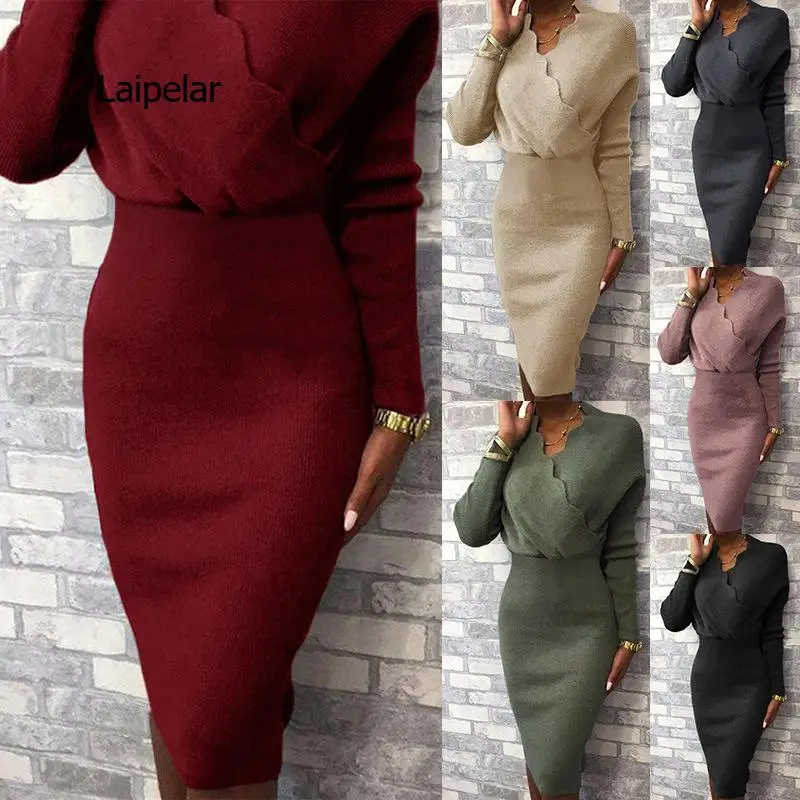 Fashion Solid Office Lady Knitted Dress Autumn Winter O Neck Bodycon Women Dress Autumn Lantern Sleeve Slim Party Dress