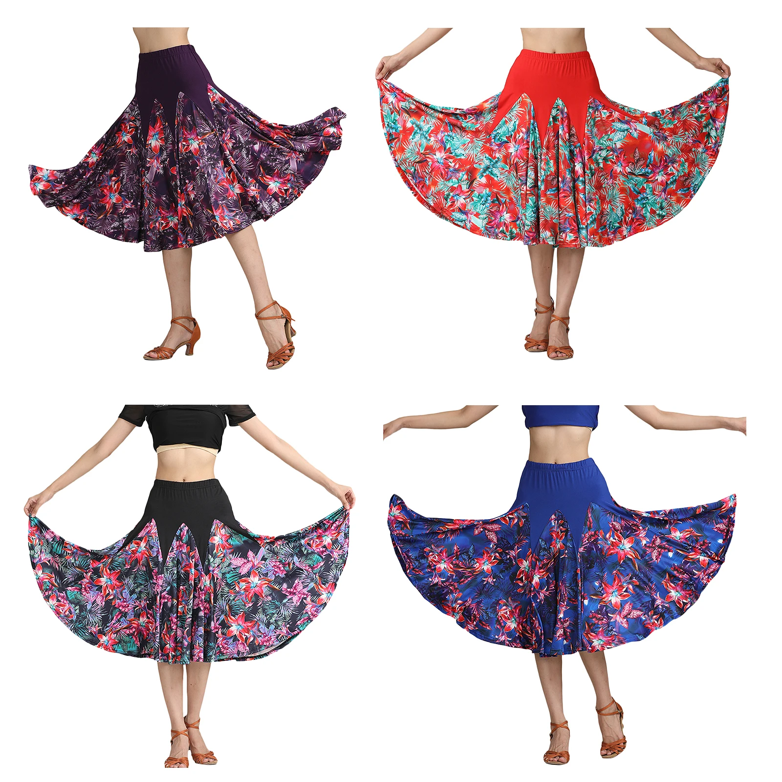 Elegant Womens Latin Ballroom Long Swing Dancing Skirt Dance Party Floral Tango Waltz Skirt Cha Cha Dress Lady Fashion Costumes