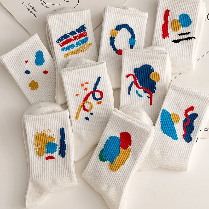 

Women Socks Cute Happy Streetwear Cotton College Style Harajuku Graffiti White Socks Simple Female Artistic Ink Socks