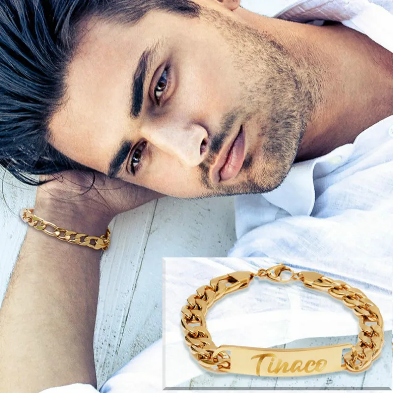 Personalize Custom Name Bracelet Men Thick Bracelet Gold Bracelet Stainless Steel Adjustable Bracelet  for Men Gift For Family