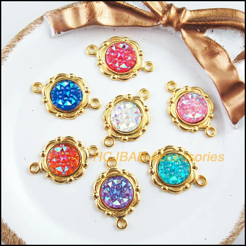 14 New Flower Charms Gold Plated Retro Mixed Round Resin Connectors 15x23mm