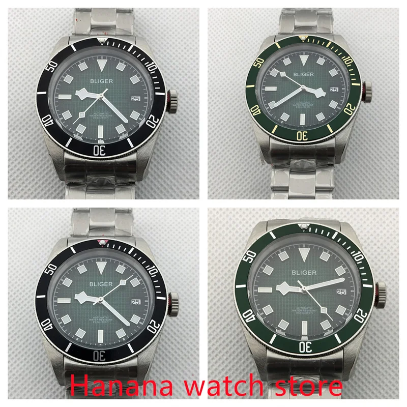 

BLIGER 41mm Men's Mechanical Watch Green Dial Stainless Steel Strap Sapphire Glass with Date NH35 Automatic Movement