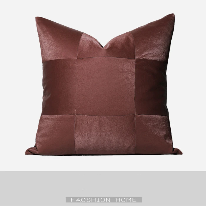 

Wine Red Leather Woven Square Pattern Square Pillowcase Cushion Cover for Sofa Home Car Leather Pillow Cover Free Shipping