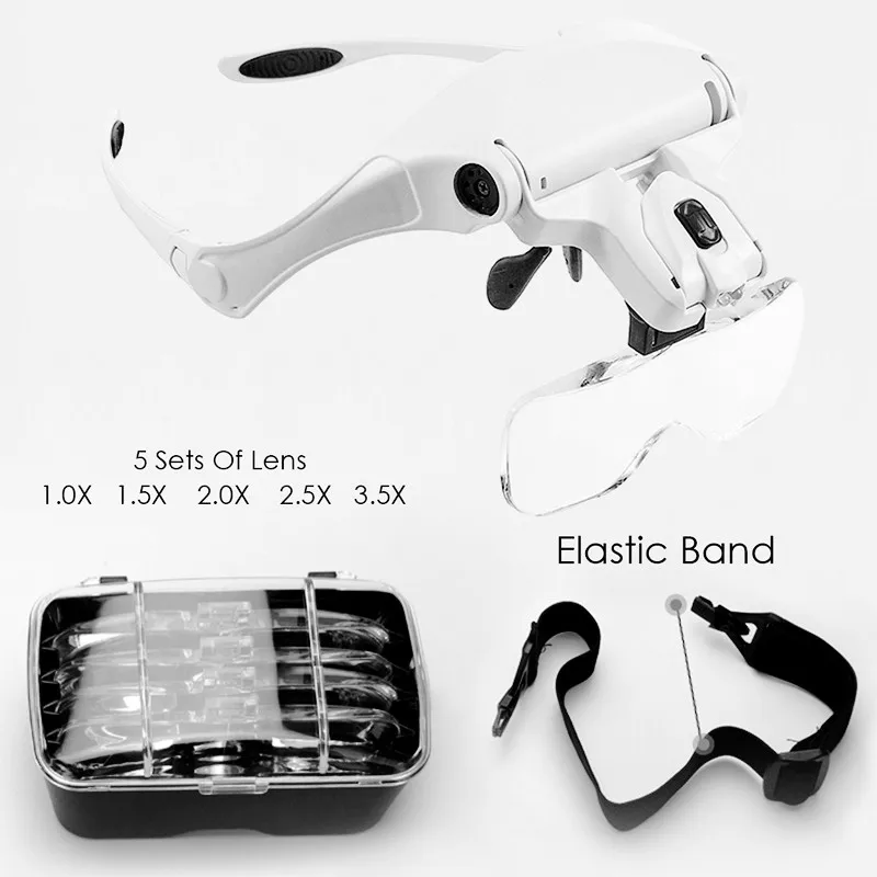 Head Wearing Magnifying Glass Lens Eyeglass Interchangeable Mount Bracket Headband Magnifier with 2 LED Lights 5 Lenses