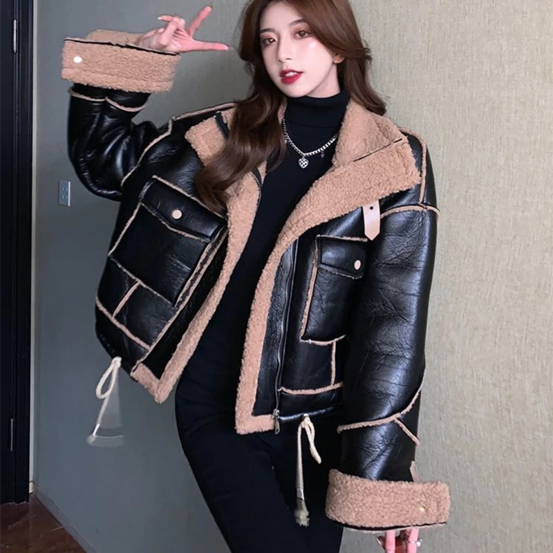 Korean Lamb Fur Loose Short Fur PU Leather Tooling Cotton Jacket Warm Parkas Black Women\'s Sheepskin Coat Wholesale дубленка New