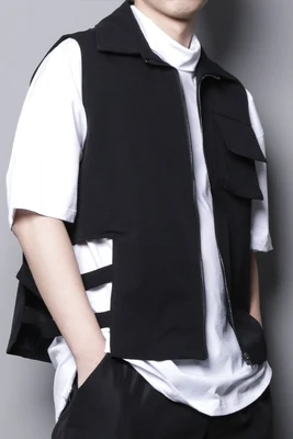 

Japanese dark fashion personality hairdresser asymmetrical design sense hollow casual stripes vest men