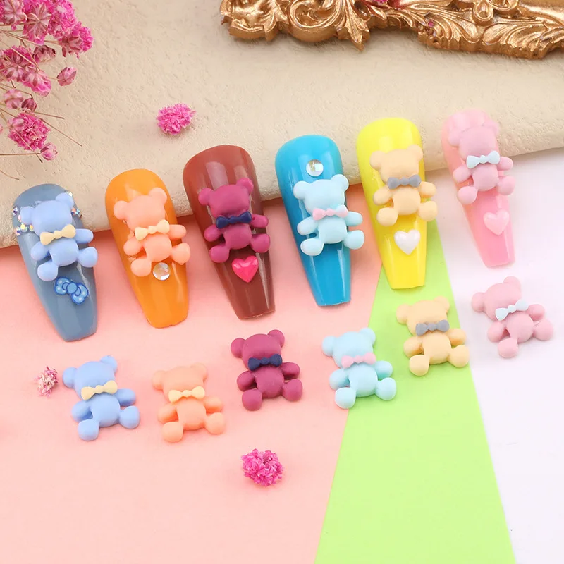 10PCS Cute Macaron Candy Color Bow Tie Bear Nail Ornament Cartoon Jewelry 3D Charms Rhinestones Manicure Accessories