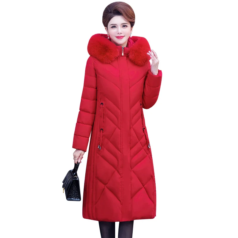 

Winter Middle-aged Mother Down Cotton Jacket Women Thick Parka Hooded Long Sleeved Jacket Basic Coat Female Long Outerwear 5XL