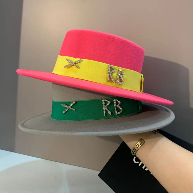 Flat fedora hat rose red letters rhinestone ribbon spring new style men's jazz hat fashion hat ladies wholesale шапка женская