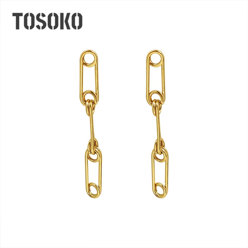 TOSOKO Stainless Steel Jewelry Paper Clip Chain Earrings Women's Fashion Pin Earrings BSF449