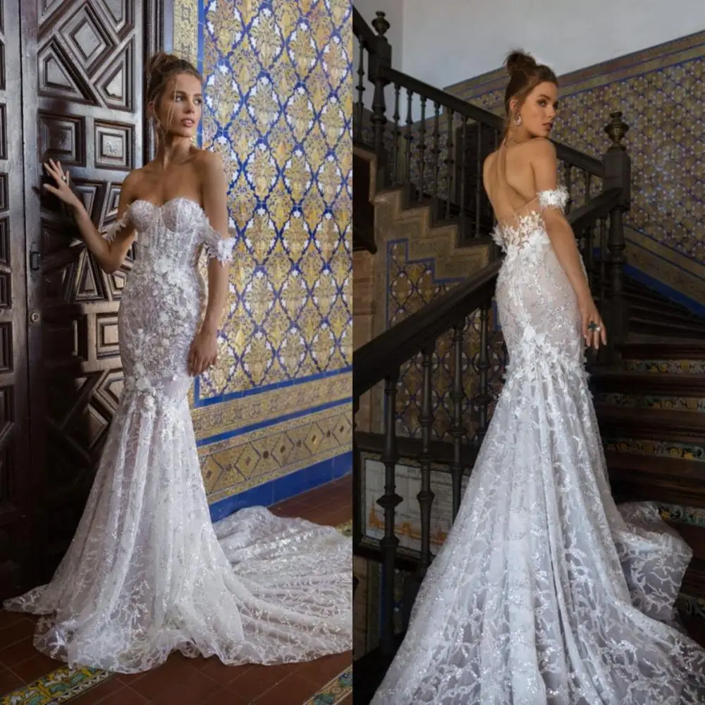 

Lovers Mermaid Wedding Dresses Sweetheart Lace Applique Sequins Bridal Gowns Custom Made Sexy Backless Sweep Train Wedding Dress