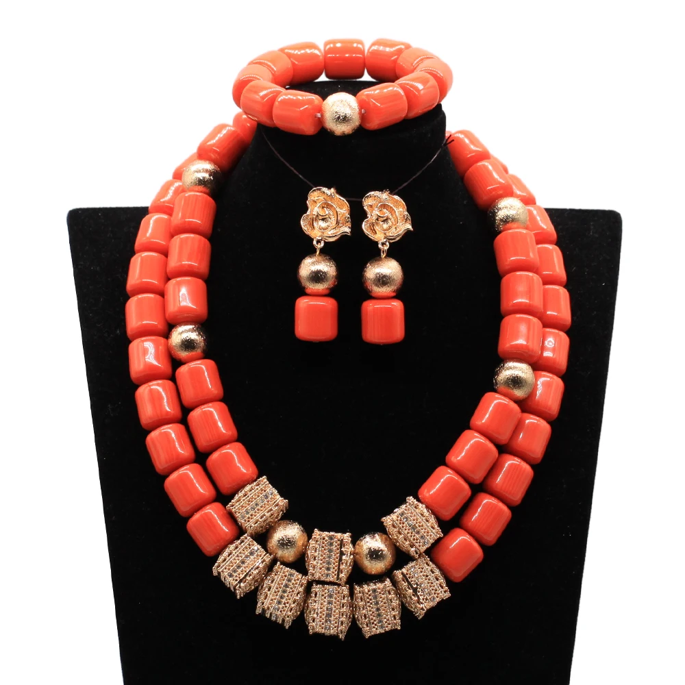 Nigeria Wedding Jewelry Set Imitation Coral Beads Golden Pendant Necklace for Women Resin Material African Bride Accessorise