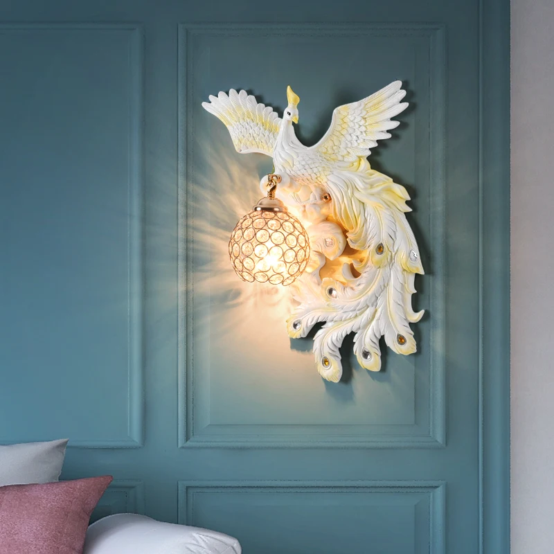 American Retro Wall Lamp Peacock Wall Lights Home Lusters Crystal Lamp Shade Bedside Resin Wall Sconces Indoor Lighting Fixtures