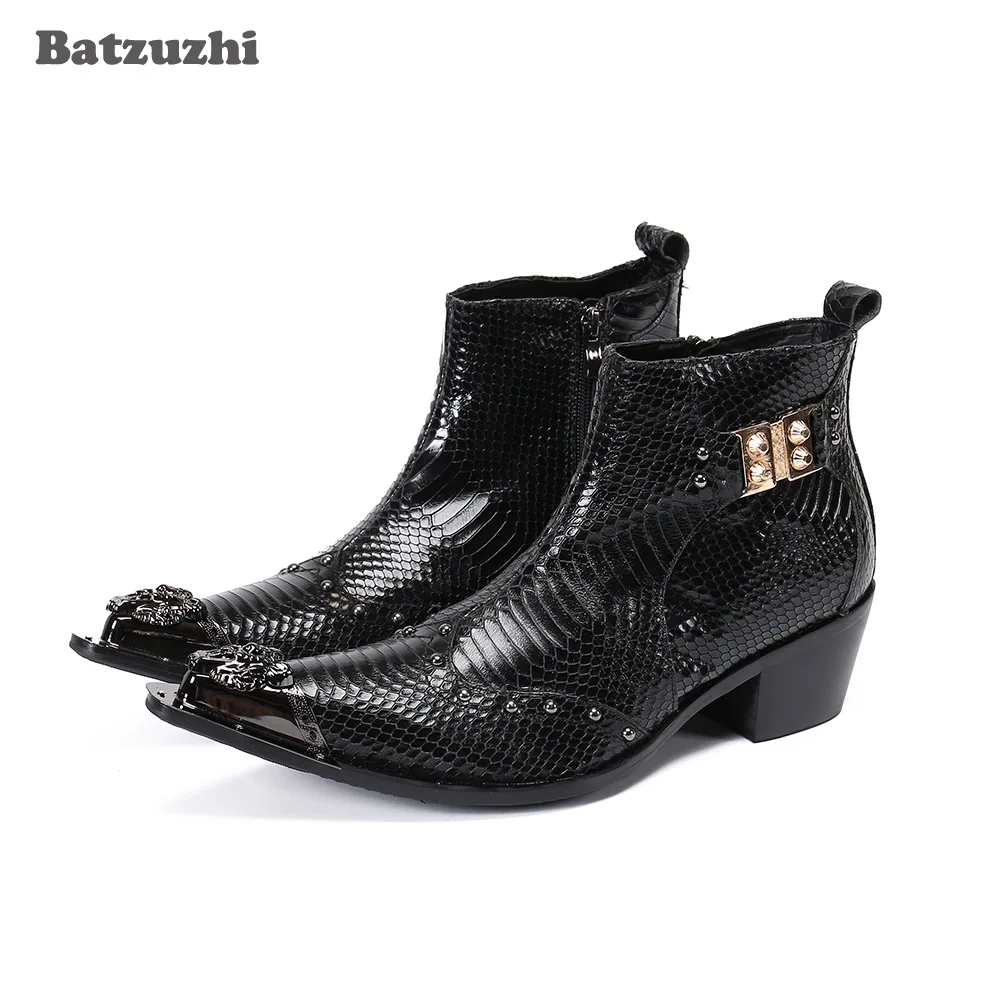 

Batzuzhi Botas Hombre Western Cowboy Men's Leather Ankle Boots 6.5cm Heels Black Genuine Leather Short Boots Pointed,Big Sizes