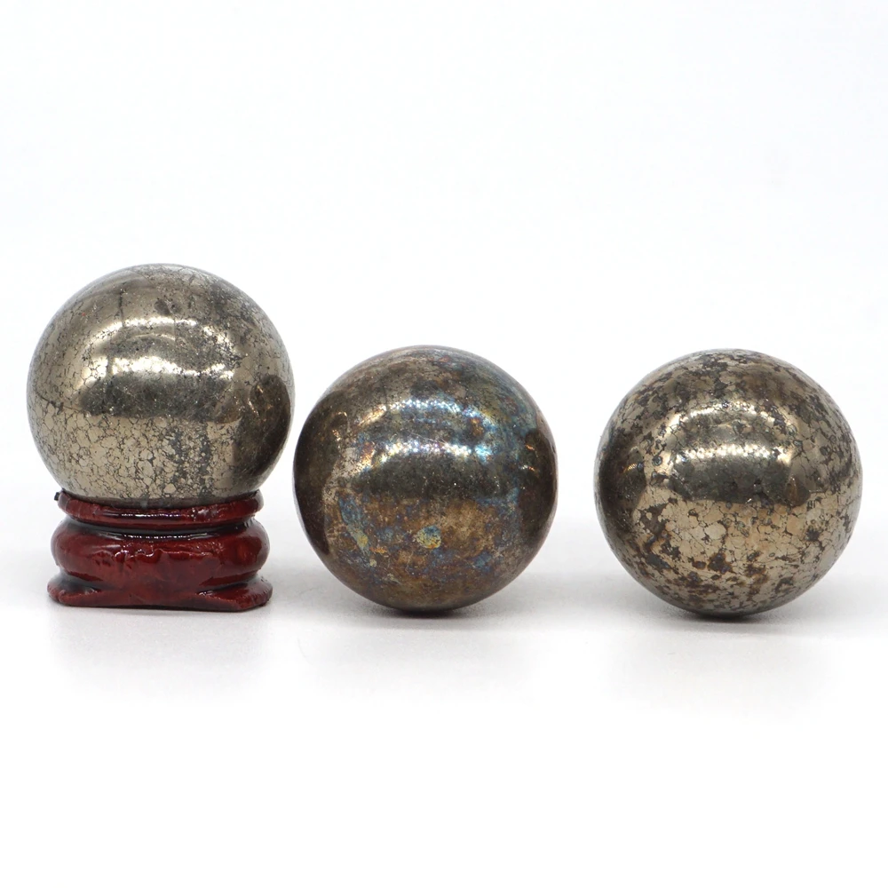 30mm Natural Gemstone Pyrite Crystal Reiki Healing Sphere Hand Massage Ball Feng Shui Home Decoration With Stand (1pcs)