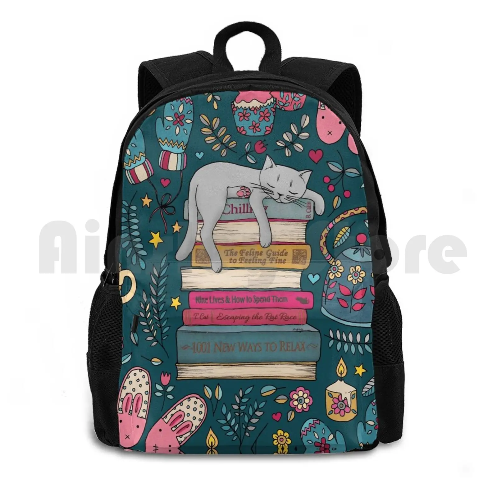 How To Hygge Like A Cat Outdoor Hiking Backpack Riding Climbing Sports Bag Cat Cute Pattern Books Sleep Cozy Hygge Flowers