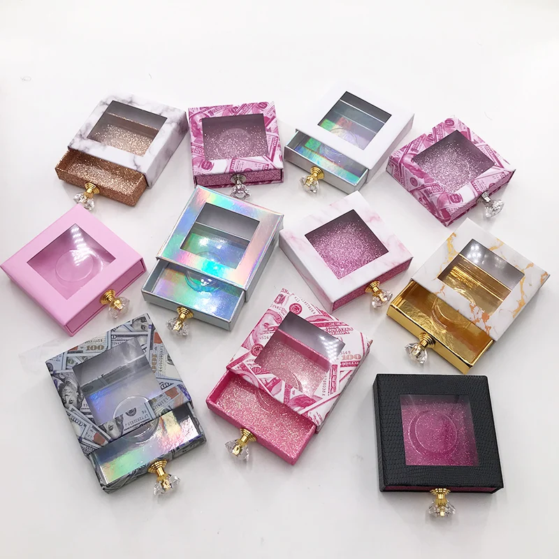 Wholesale Eyelash Packaging Box Crystal Handle Square Lash Boxes for 25mm Mink False Eyelashes Empty Money Marble Lashes Box