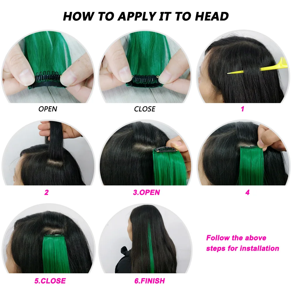 Extensões de cabelo com clipe para meninas, postiços sintéticos, multi cores, cabelos lisos, destaques da festa, estrela negra, 20 \