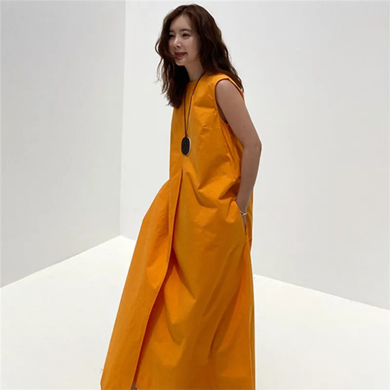 IHOBBY Bright Orange Irregular Long Dress Fashion Joker Sleeveless Spilt Back Lace Up Doll Loose Casual Dress