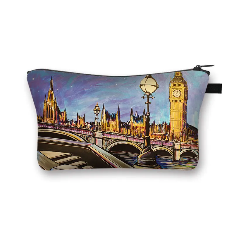 London Landscape Eiffel Tower Cosmetic Case Women Make Up Organizer Zipper Pouch Leisure Cosmetic Bag for Travel Toiletries Bag