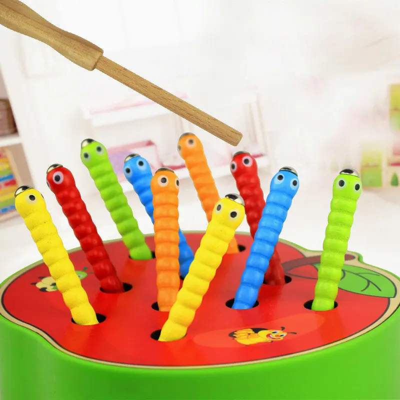 Fishing Toy Magnetic Fishing Rod 4pcs and Bugs set Kids Wooden Caterpillar 20PCS Magnet Fishing Game Accessories for 2 Year Baby