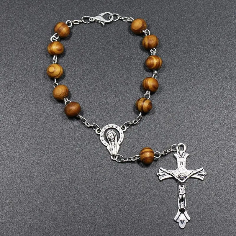 CR005 Round Wood Beads Catholic Rosary Strand Bracelet Unisex Marry Center Pope Rosary Prayer Bracelet Jewelry