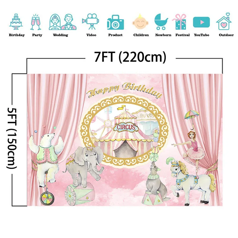 Mocsicka Circo Aniversário Fundo Rosa Cortina Dança Menina Fotografia Contexto Urso Elefante Decoração Banner Estúdio Prop