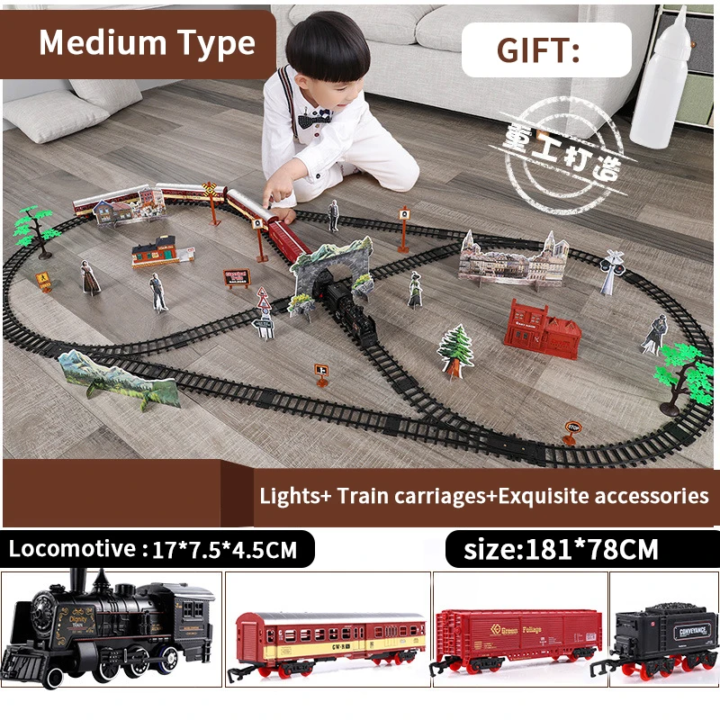 Classic Electric Train Toy Vihcle Railway Motorized Train DIY Track Railway Set Dynamic Steam RC Trains Electrique Toy For Kids